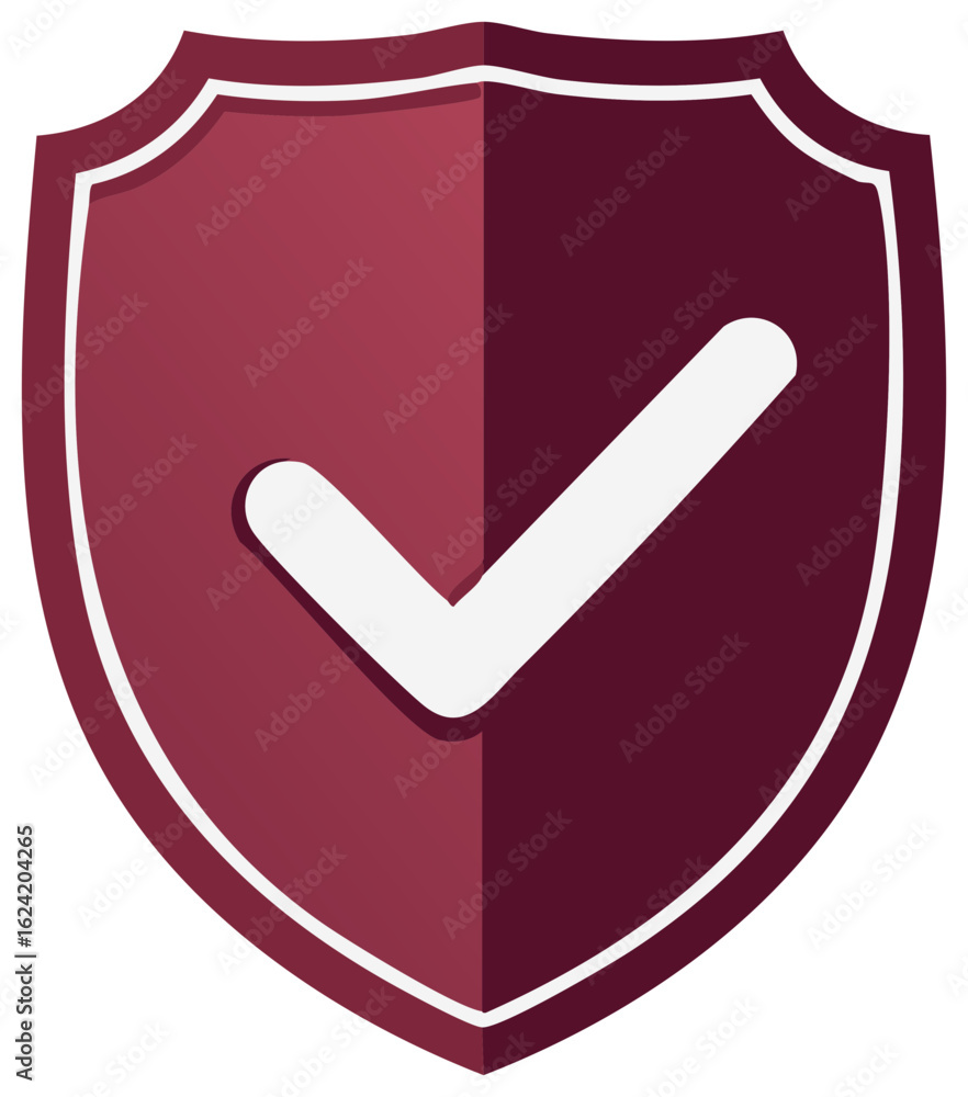 Poster maroon security shield with a white check mark symbol for protection and verification