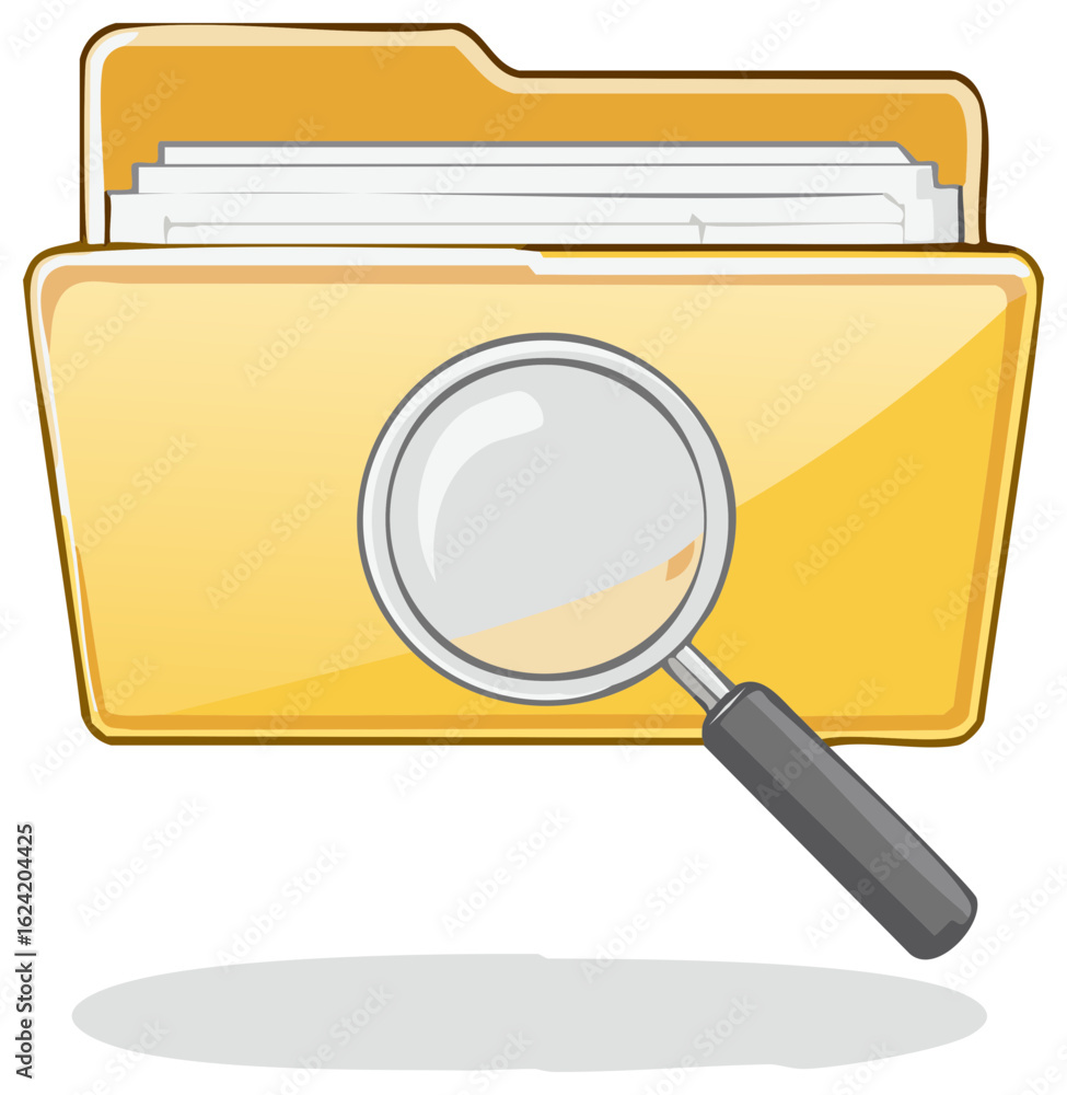 Aufkleber yellow file folder with documents and magnifying glass symbol for search and analysis