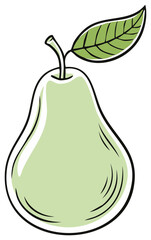 Fresh Green Pear with Leaf and Stem Simple Stylized Fruit Illustration