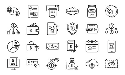 Finance and Payment Line Icon Set 24 Minimal Vector Icons for Wallet, Budget, Coins, Charts, Secure Payment, and Online Banking UI Design