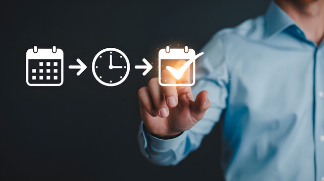 Businessman plans time efficiently, achieving project completion with digital calendar checklist - Powered by Adobe