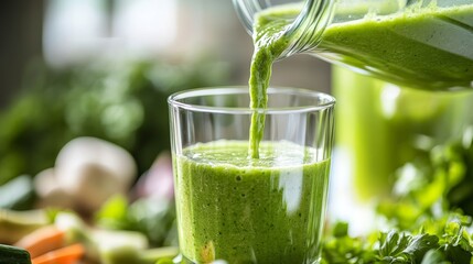Green Smoothie Pouring from Blender into Glass with Fresh Vegetables