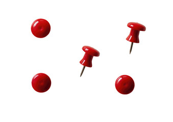 Five red pushpins arranged on a black background.  Four are pointed pushpins, one is a round, flat-top pushpin.  Each pushpin is a solid, bright red color