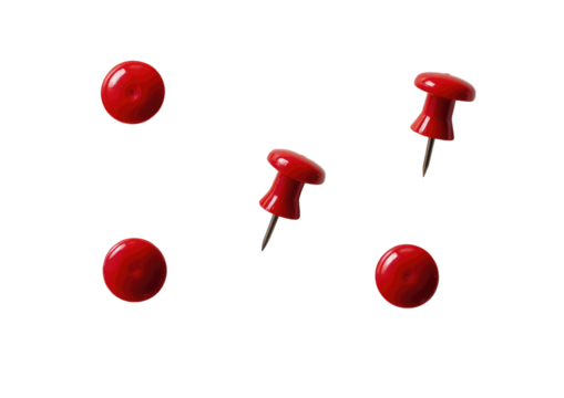 Five red pushpins arranged on a black background.  Four are pointed pushpins, one is a round, flat-top pushpin.  Each pushpin is a solid, bright red color
