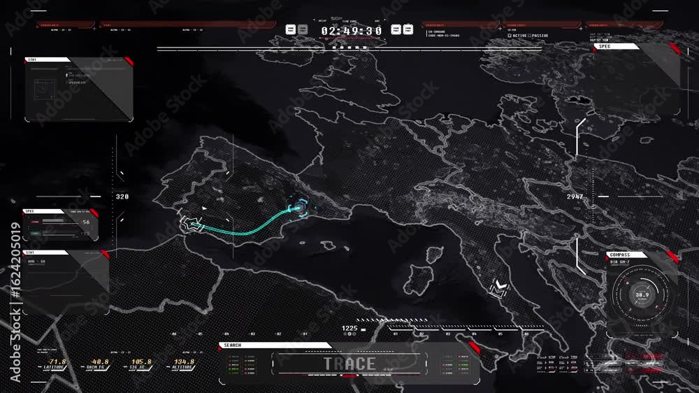 Aufkleber dark mode digital map interface with tactical overlays, data panels, and tracking visuals. ideal for