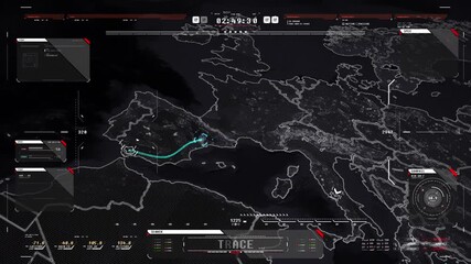 Dark mode digital map interface with tactical overlays, data panels, and tracking visuals. Ideal for military, sci-fi, or cyber intelligence themes.
 - Powered by Adobe