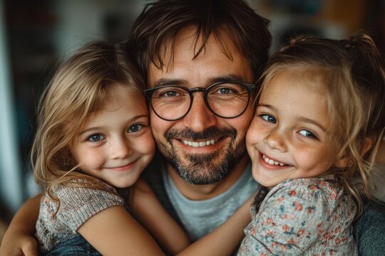 Portrait of three little daughters hugging their happy father at home, expressing love and affection while highlighting the joy of family relationships, Generative AI