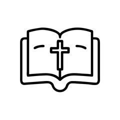 Obraz premium Open book with a cross in the center in black and white line art style simple and clean illustration