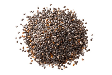 A close-up view of a cluster of chia seeds.  Various shades of gray, black, and tan seeds are densely packed