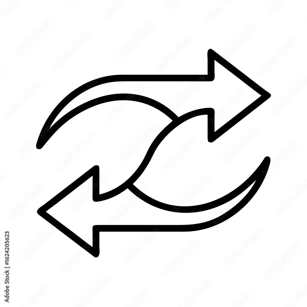 Poster illustration of two curved arrows facing opposite directions with an intertwining path design elemen