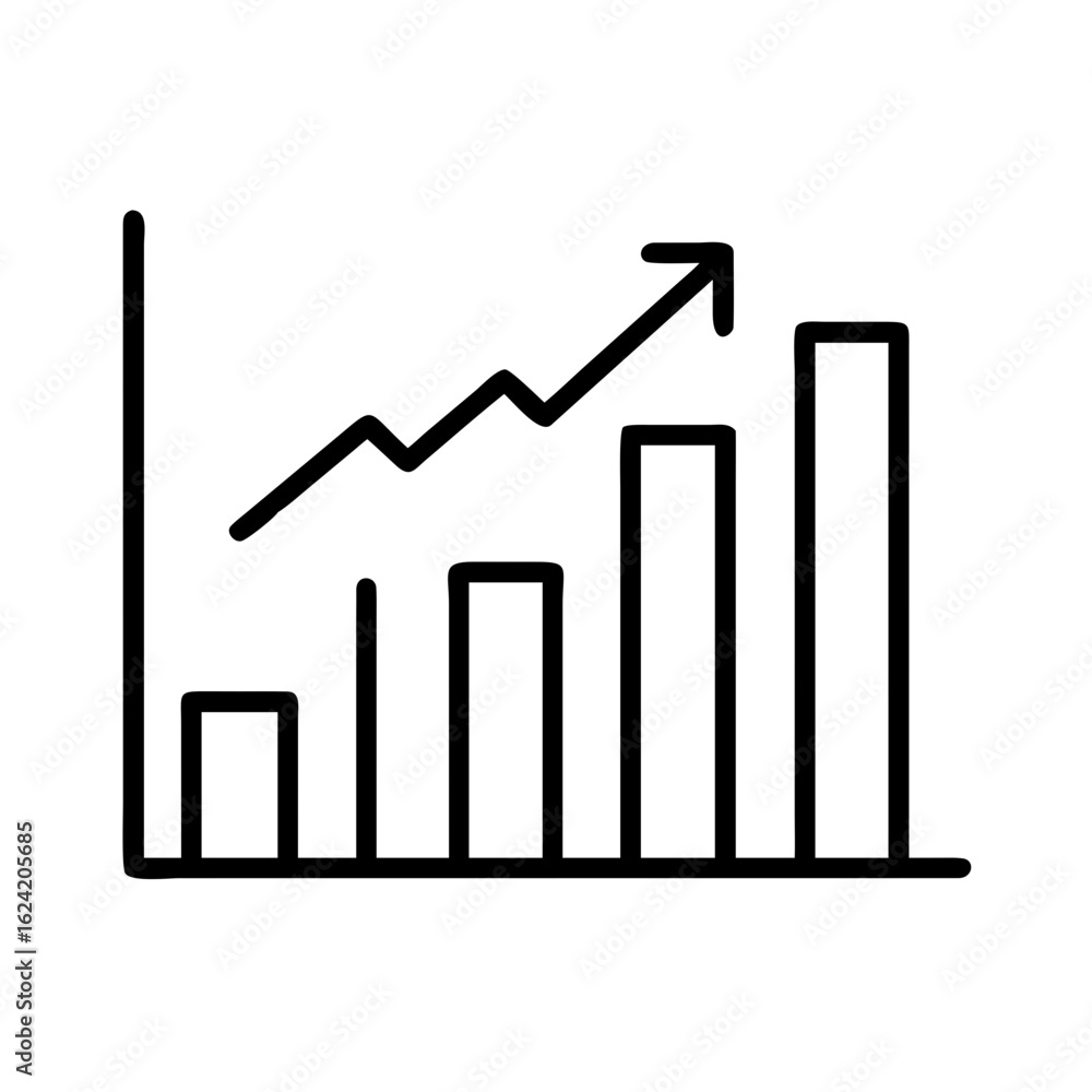 Poster line graph showing an upward trend with bars increasing in height on a white background illustration