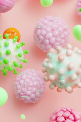Viruses in candy-like colors. Glossy 3D rendering of abstract  viruses with smooth, shiny surfaces.