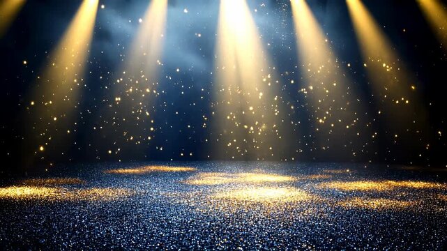 Dark blue stage with golden spotlight lines, glitter texture. Award ceremony setting. Elegant glamour background video