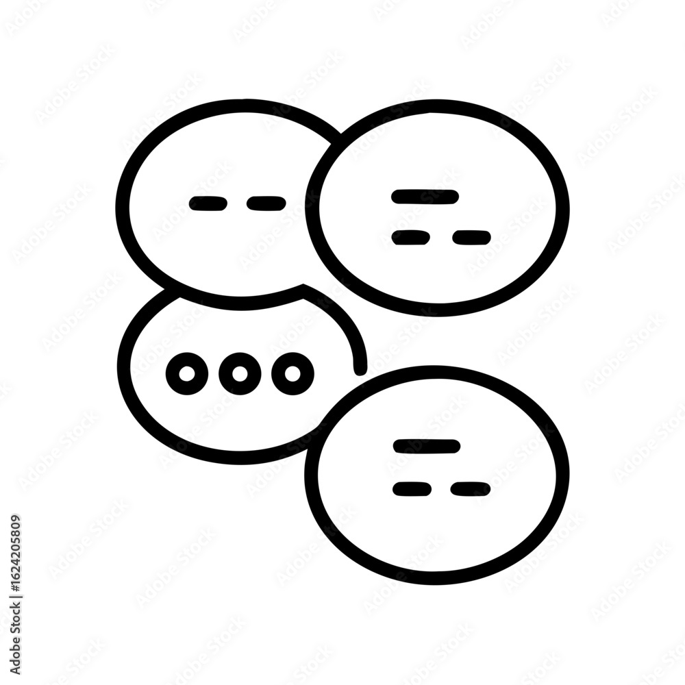 Poster illustration of four speech bubbles with different text indicators in a simple black outline style