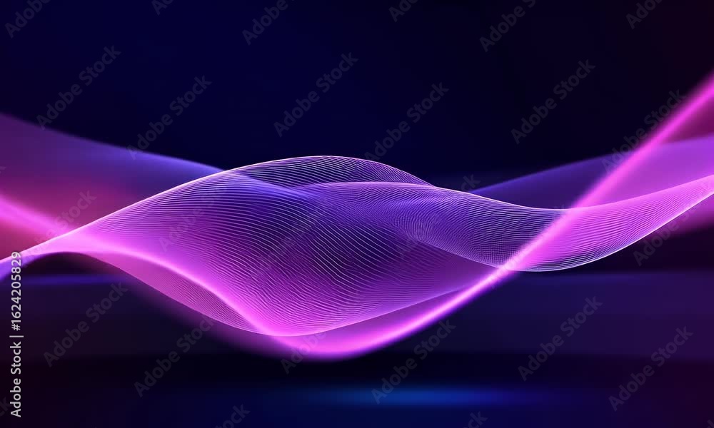 Aufkleber a dark purple background with pink and blue lines of light, creating an abstract wave pattern.