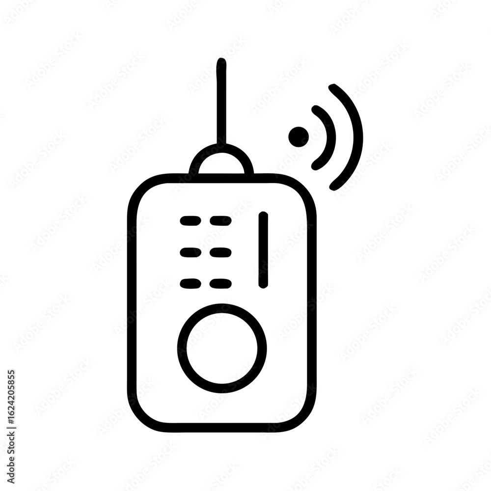 Poster illustration of a hanging rectangular device with a circle and signal waves emanating from the top r