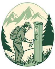 Traveler refilling reusable water bottle at outdoor refill station surrounded by lush greenery and mountains, promoting sustainability and hydration in nature