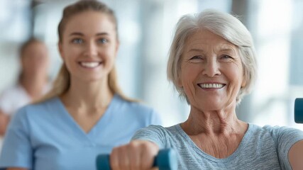 Elderly woman exercising with dumbbells, smiling, active senior lifestyle. - Powered by Adobe