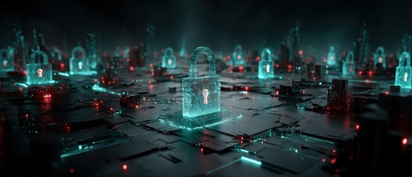 Futuristic cityscape of glowing padlocks