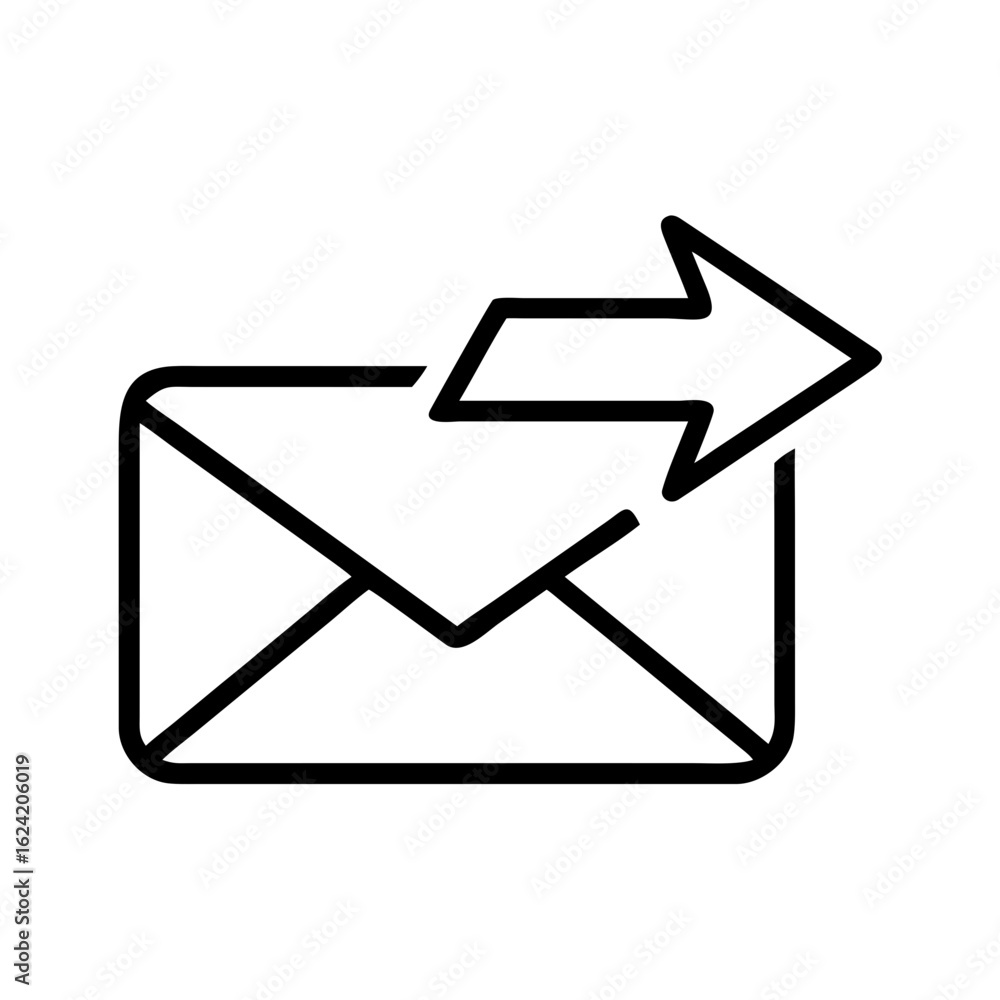Poster outline illustration of an email envelope with an arrow pointing to the right indicating sending mai