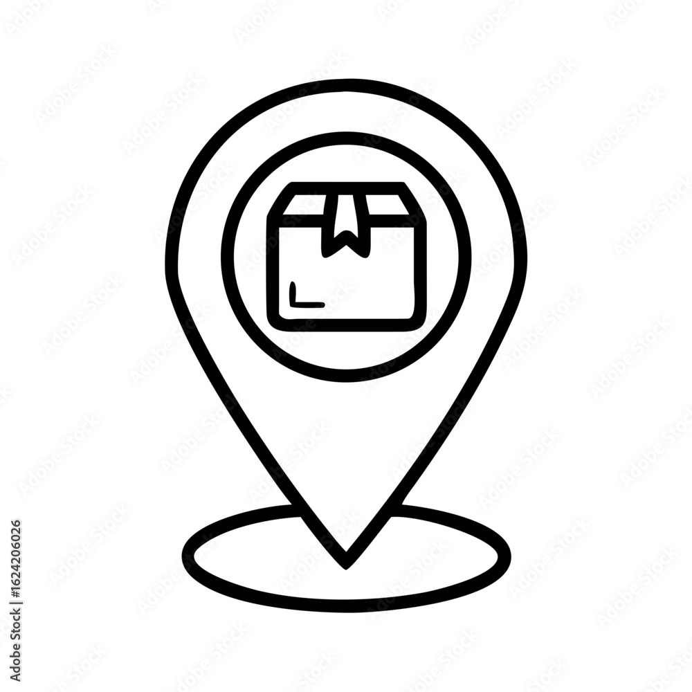 Poster location pin icon with a box inside a circle showing delivery location in black and white outline st