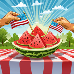 Obraz premium Hands serving vibrant watermelon slices adorned with mini flags on checkered picnic table, showcasing summer festivities and Labor Day and outdoor enjoyment in colorful illustration