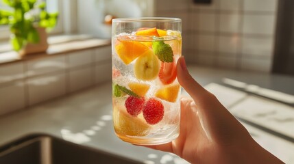 Hand Holding a Glass of Sparkling Fruit Water in a Sunny Kitchen