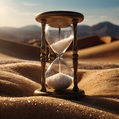 Surreal close-up of fine salt grains flowing through a transparent hourglass into a miniature desert landscape at bottom, dramatic warm light, texture-rich detail,Generative Ai
