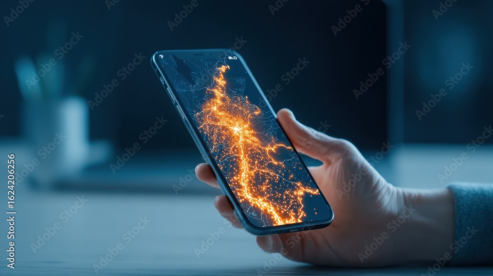 Poster a hand holds a smartphone displaying a glowing, illuminated map of a region against a dark backgroun