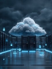 Fototapeta premium Futuristic server room with cloud