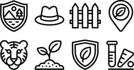 Nature Shield, Hat, Fence, Leaf Location, Tiger, Plant, Chemical Flask Icons, Outline Style
