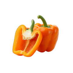 Two Fresh Orange Bell Peppers, One Cut Open, Isolated on Black Background