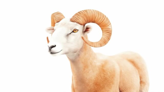 Majestic Ram Portrait - A close-up portrait of a male bighorn sheep, showcasing its impressive curled horns and light tan fur against a white background.
