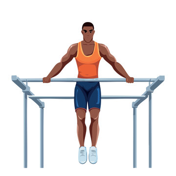Athletic man performing a calisthenics workout on parallel bars, a vector illustration of strength training and fitness.