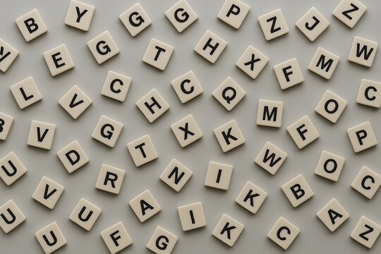 Scrabble tiles scattered randomly on a gray surface - Powered by Adobe