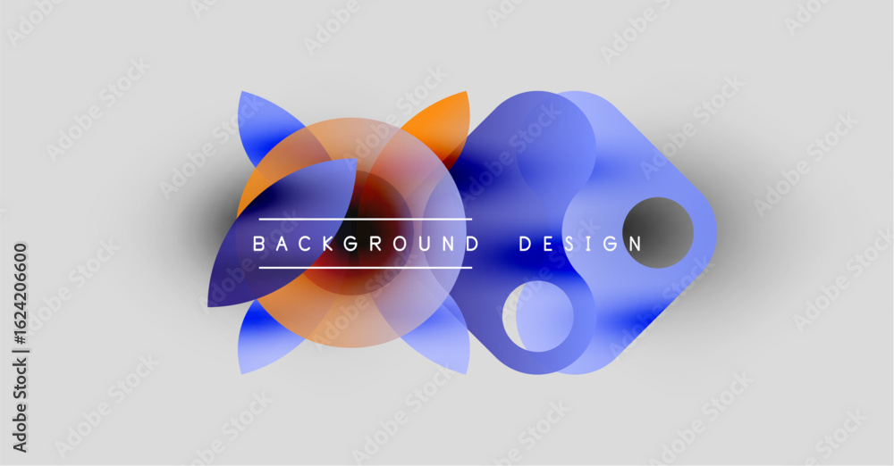 Poster abstract shapes overlap, creating dynamic composition. blue, orange hues dominate neutral backdrop. 
