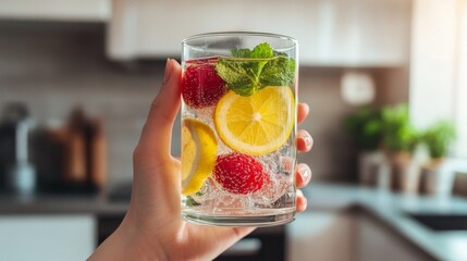 Hand Holding a Glass of Sparkling Water with Lemon and Raspberry