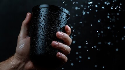 Hand Holding a Wet Black Cylindrical Container Against Dark Background