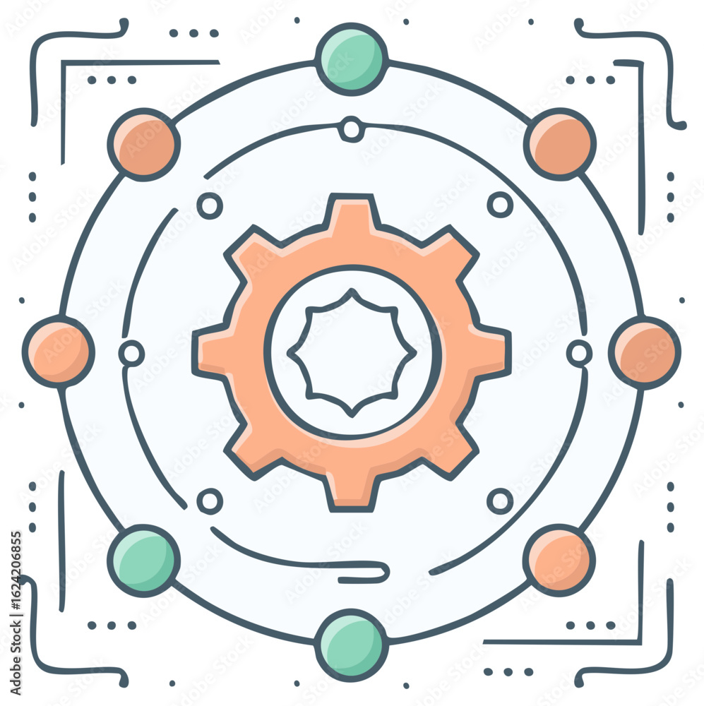 Aufkleber conceptual icon of automation and system integration with a central gear and network nodes