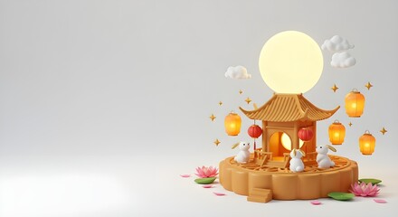 A charming 3D visual effects render for the Mid-Autumn Festival with a traditional pagoda, mooncakes, and rabbits under a full moon.