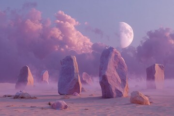 Otherworldly landscape with glowing pink stones and dreamy sky under a rising moon, evoking fantasy, magic, and futuristic cinematic vibes.

