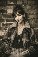 Stylish woman in sepia-toned portrait wearing thrifted 90s denim and wool, showcasing vintage fashion, minimal mood, and nostalgic vibes.

