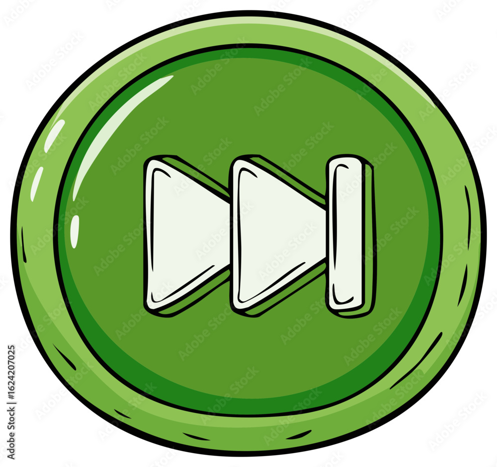 Poster bright green shiny fast forward media control button in a playful doodle style