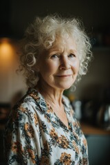 Elderly woman with curly hair wearing a vintage floral shirt, evoking 90s nostalgia, thrifted charm, and timeless grace.

