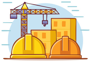 Construction site illustration with building crane, buildings and safety helmets