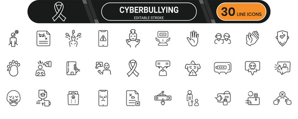 Cyber bullying Awareness Line Icon Set for Safe Internet Practices and Online Protection Resources