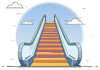 Modern escalator ascends into a bright sky with clouds
