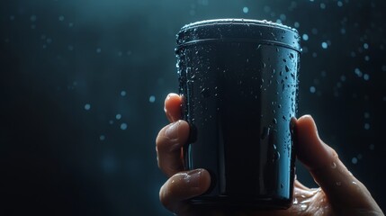Hand Holding a Wet Shaker Bottle Against Dark Blue Background