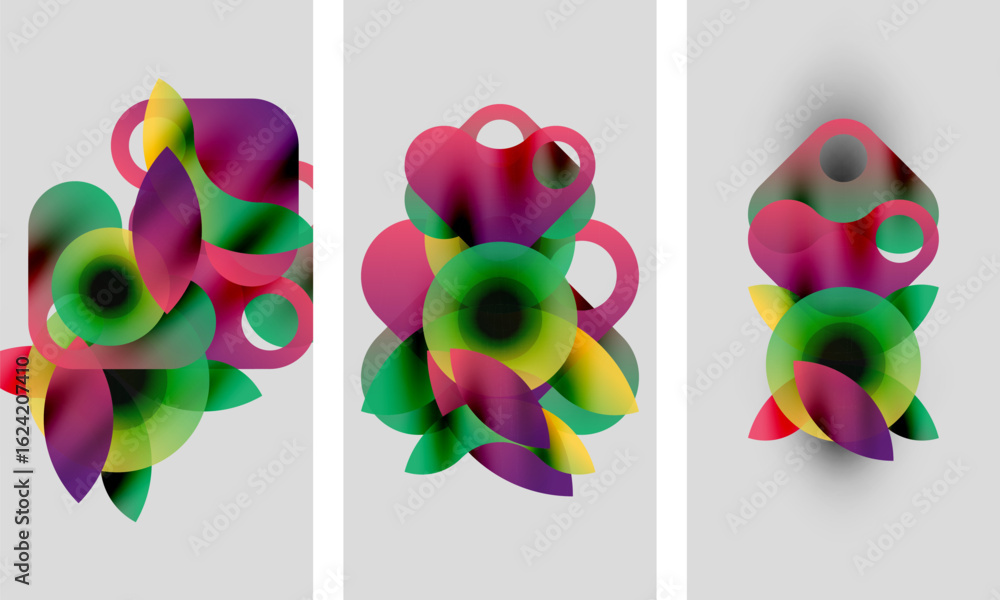 Poster abstract colorful shapes overlap, creating vibrant compositions. three panels display similar design