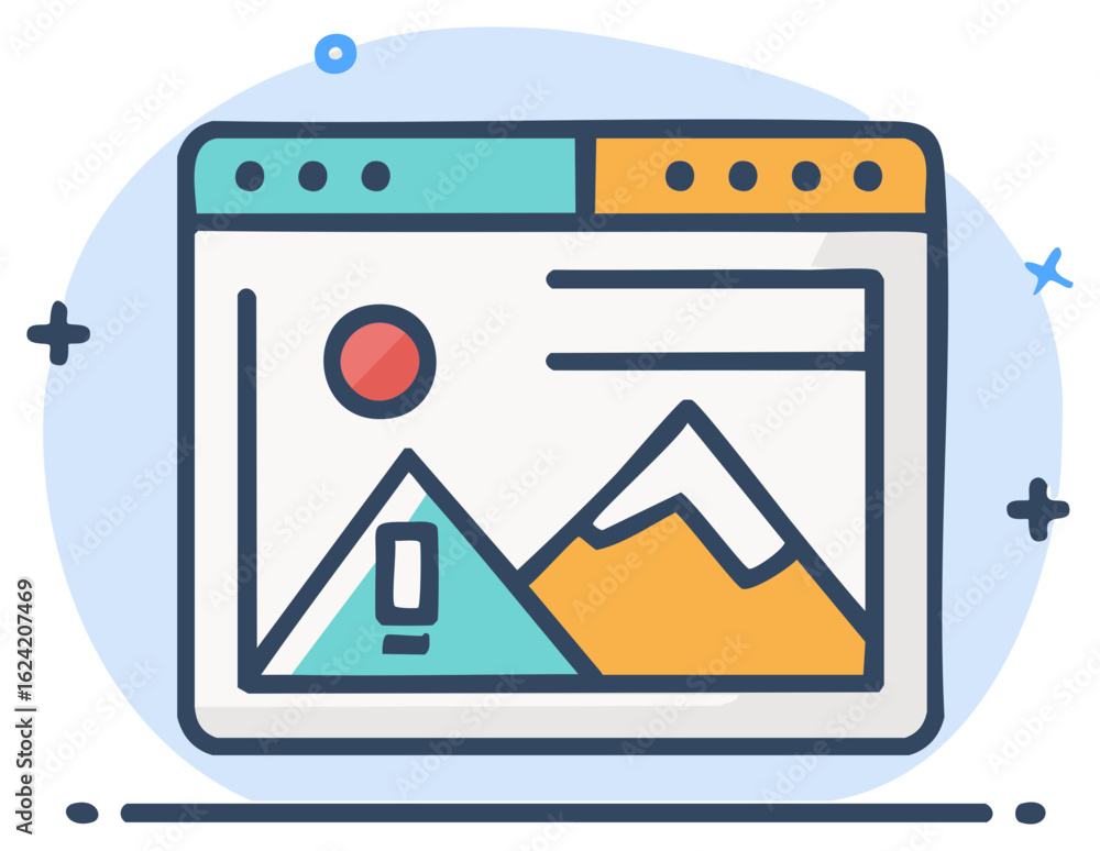 Poster vector illustration of a browser window showing a digital landscape image. ui ux design concept.